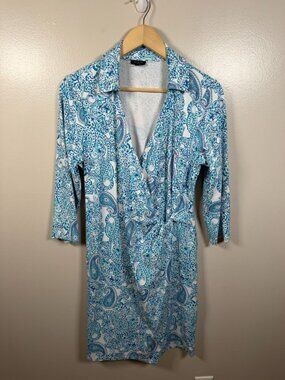 Talbots Faux Wrap Jersey Dress Size Large Petite Blue Paisley Work Church